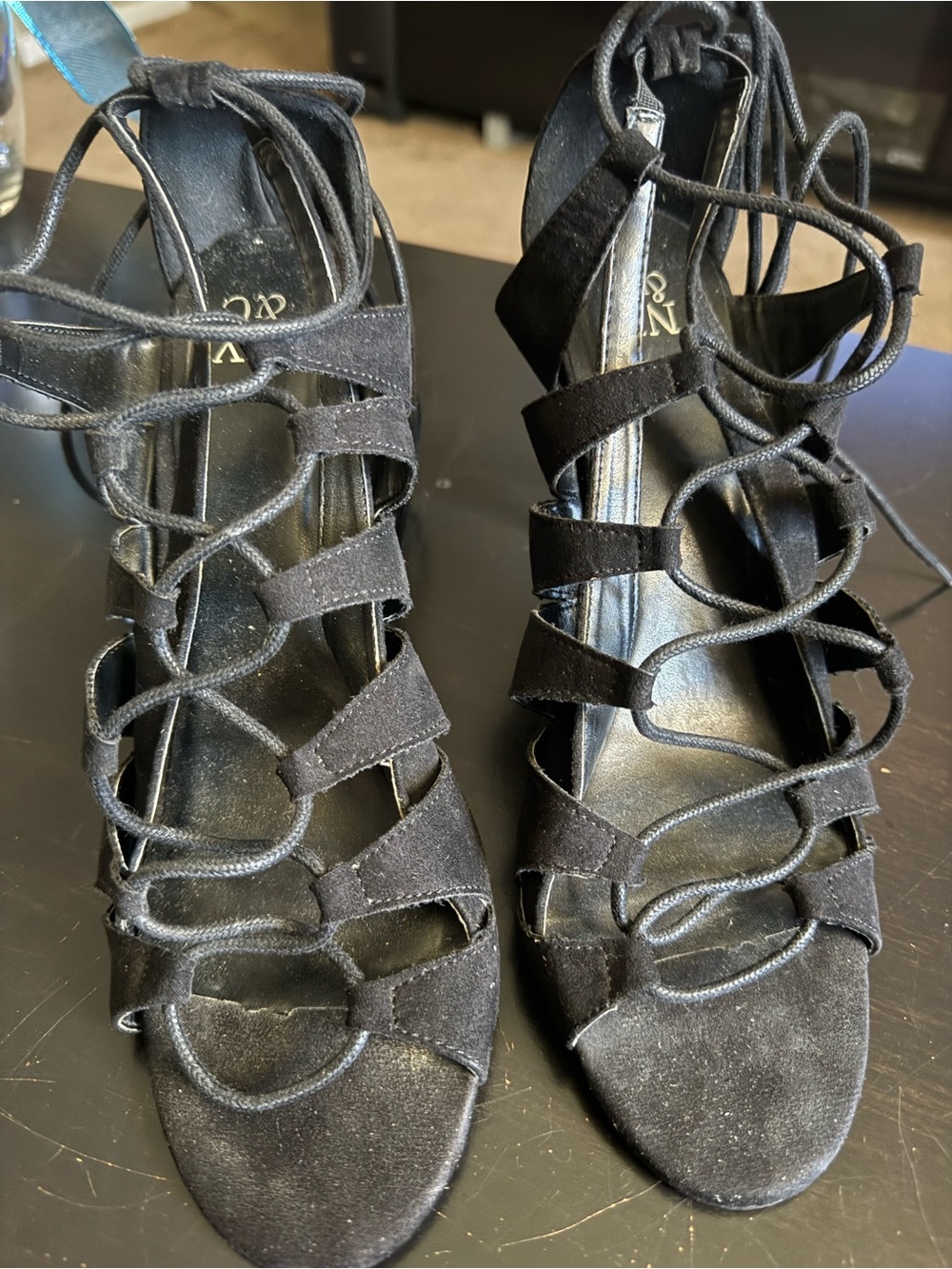 New York & Company Black Suede Lace-Up Heeled Sandals